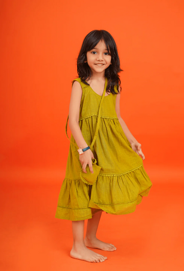 Girls 3 tiered Cotton Dress - Green